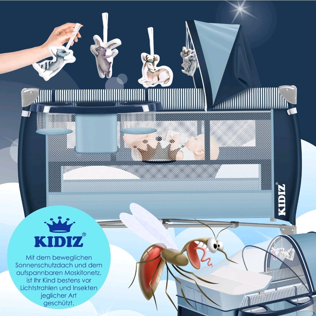 Kidiz® 4 in 1 baby bed travel cot with changing mat mosquito net