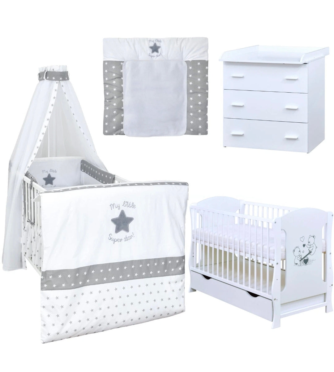 Babyzimmerset 120x60 cm Babybett Wickelkommode Bettwäsche Komplettset