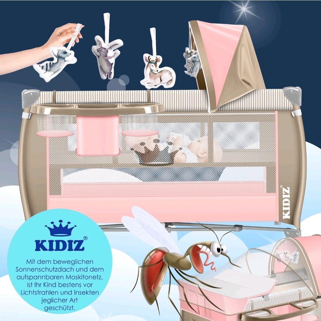 Kidiz® 4 in 1 baby bed travel cot with changing mat mosquito net