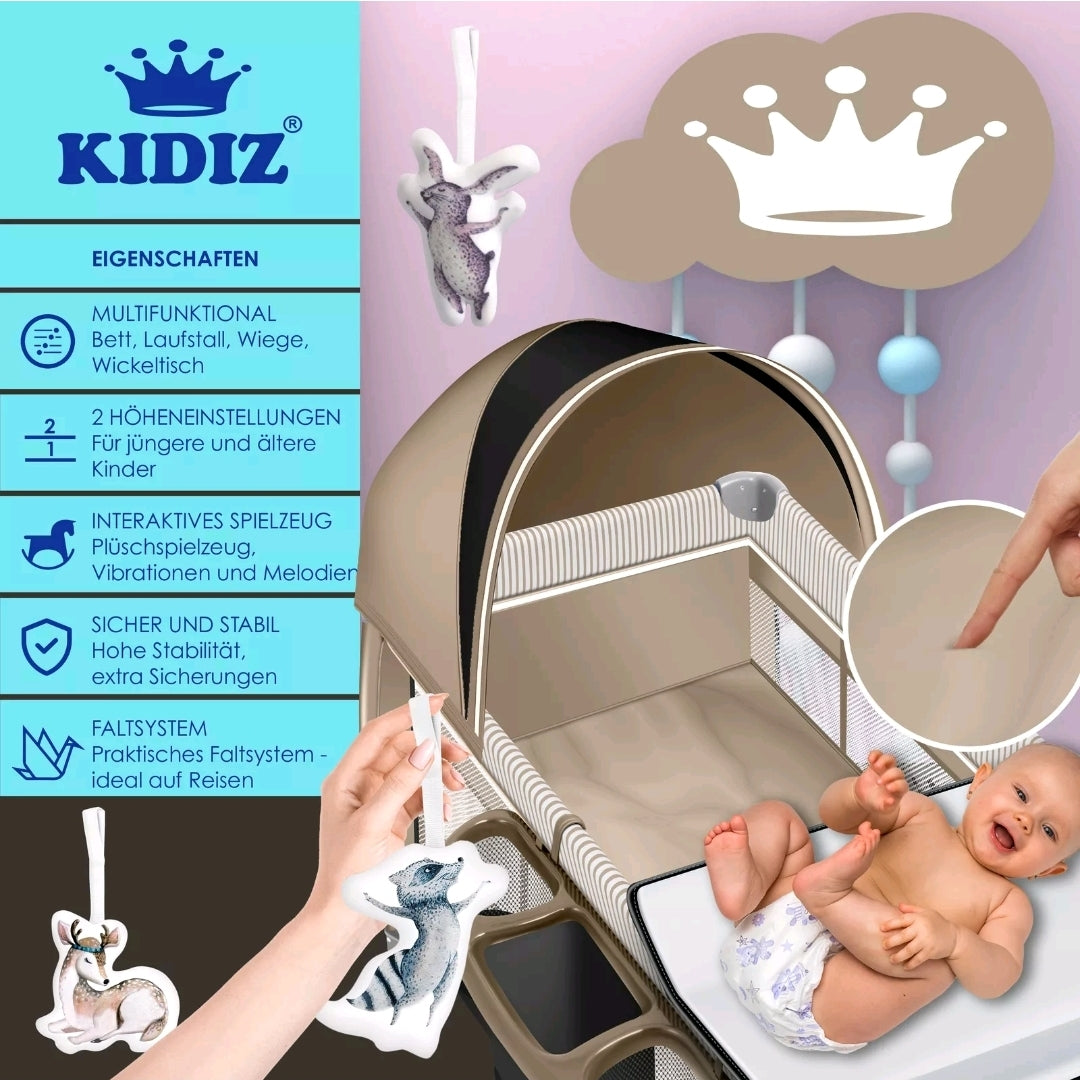 Kidiz® 4 in 1 baby bed travel cot with changing mat mosquito net