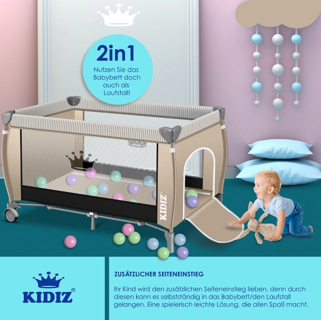 Kidiz® 4 in 1 baby bed travel cot with changing mat mosquito net