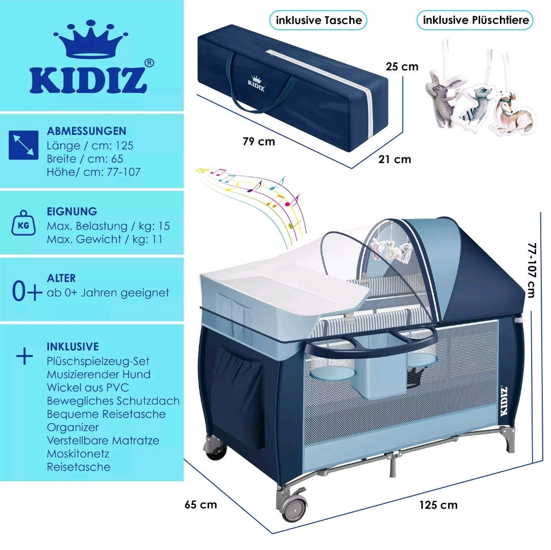 Kidiz® 4 in 1 baby bed travel cot with changing mat mosquito net
