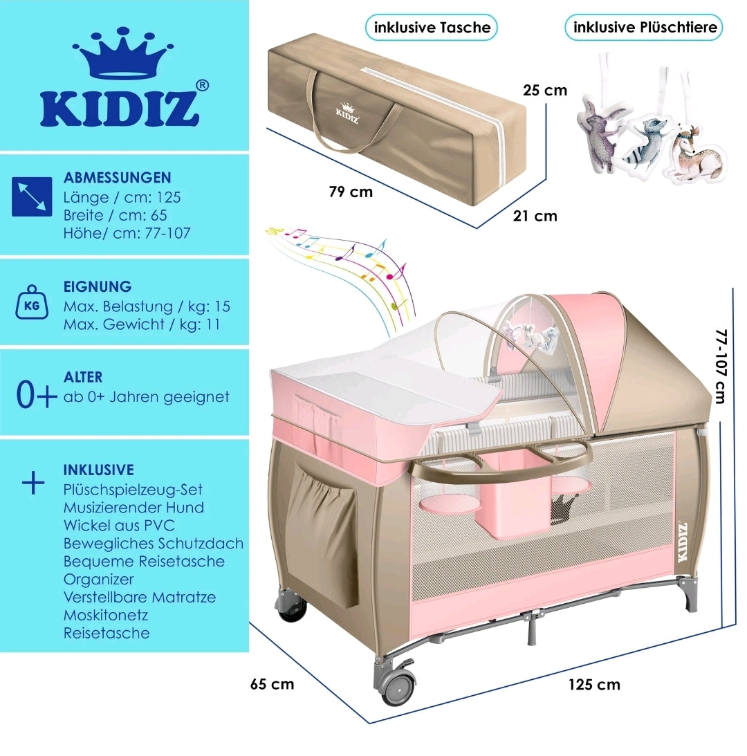 Kidiz® 4 in 1 baby bed travel cot with changing mat mosquito net