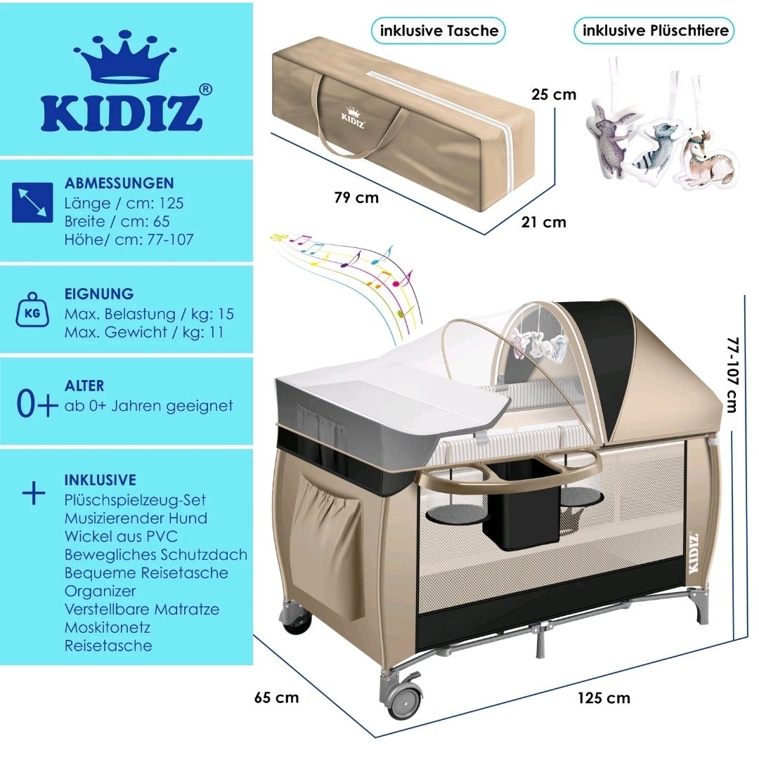 Kidiz® 4 in 1 baby bed travel cot with changing mat mosquito net