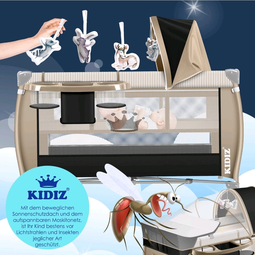 Kidiz® 4 in 1 baby bed travel cot with changing mat mosquito net