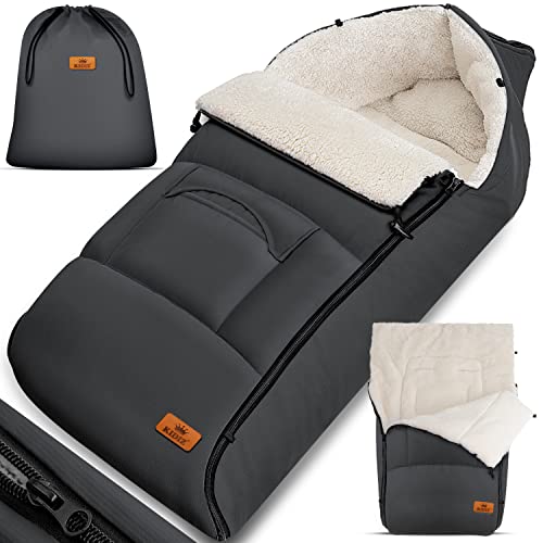Kidiz® Babyfußsack Baby Fußsack Winterfußsack Babyschale mit Reißverschluss Kuschelsack Babydecke Kinderwagen waschbar verschließbarer Kopfteil,Tasche, passend für alle Kinderwagen, Grau