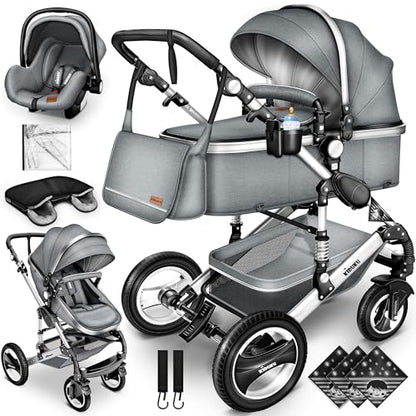 KIDUKU® 3 in 1 Kinderwagen XXL Komplettset | Kombikinderwagen Set inkl. Babywanne Buggy Sportsitz & Auto-Babyschale Fußsack | Vollgummireifen Wickeltasche Handwärmer Regenschutz Kindertisch ECE R129