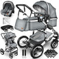 KIDUKU® 3 in 1 Kinderwagen XXL Komplettset | Kombikinderwagen Set inkl. Babywanne Buggy Sportsitz & Auto-Babyschale Fußsack | Vollgummireifen Wickeltasche Handwärmer Regenschutz Kindertisch ECE R129