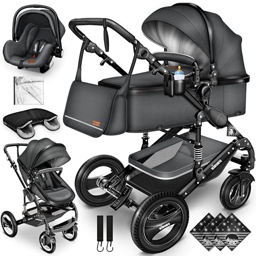 KIDUKU® 3 in 1 Kinderwagen XXL Komplettset | Kombikinderwagen Set inkl. Babywanne Buggy Sportsitz & Auto-Babyschale Fußsack | Vollgummireifen Wickeltasche Handwärmer Regenschutz Kindertisch ECE R129