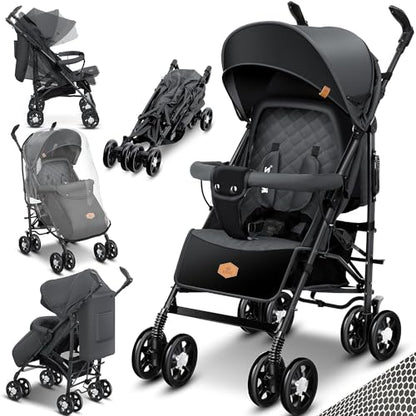KIDIZ® City-Pro Pushchair Folding Pushchair Pushchair Sports Pushchair Foldable 360° 6 Inch Wheels Includes Mosquito Net, Footmuff and Rain Cover Foldable Sleep Function Anthracite