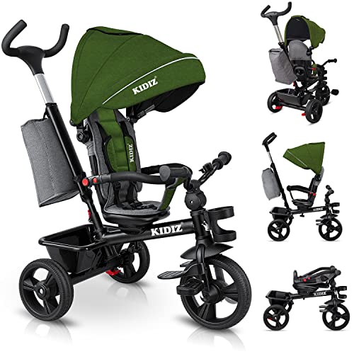 KIDIZ® Tricycle 5-in-1 Children's Tricycle with Push Bar Steering System Bar from 1 Year Forward and Reverse Ride Jogger, Basket Bag Drink Holder Sun Canopy Rubber Wheels, Buggy, Bicycle, Foldable