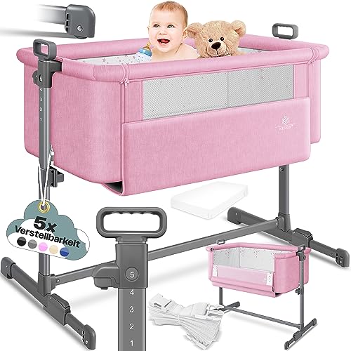 KESSER® Zustellbett Hubi 3in1 Baby Beistellbett Reisebett Babybett mit weich Matratze, mit Rollen Kinderbett, 5-Fach Höhenverstellung, Faltbare Seitenwand für Zuhause und Unterwegs, Dunkelgrau