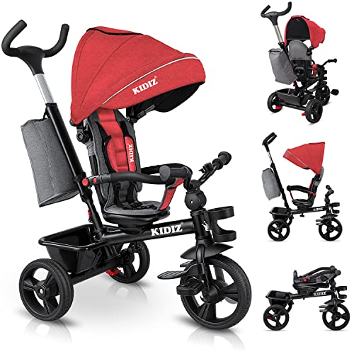 KIDIZ® Tricycle 5-in-1 Children's Tricycle with Push Bar Steering System Bar from 1 Year Forward and Reverse Ride Jogger, Basket Bag Drink Holder Sun Canopy Rubber Wheels, Buggy, Bicycle, Foldable