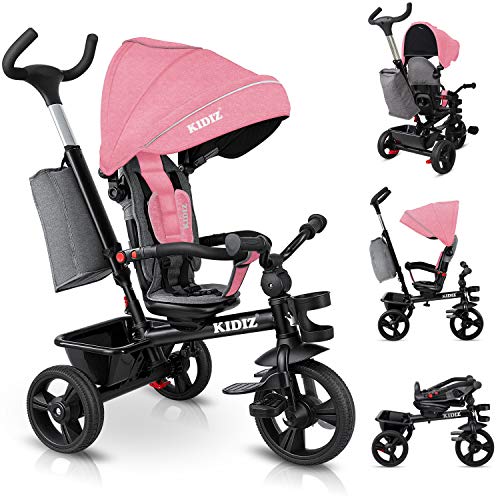 KIDIZ® Tricycle 5-in-1 Children's Tricycle with Push Bar Steering System Bar from 1 Year Forward and Reverse Ride Jogger, Basket Bag Drink Holder Sun Canopy Rubber Wheels, Buggy, Bicycle, Foldable