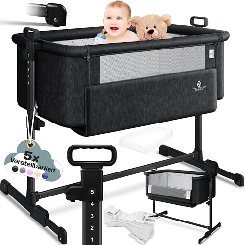 KESSER® Zustellbett Hubi 3in1 Baby Beistellbett Reisebett Babybett mit weich Matratze, mit Rollen Kinderbett, 5-Fach Höhenverstellung, Faltbare Seitenwand für Zuhause und Unterwegs, Dunkelgrau