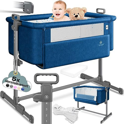 KESSER® Zustellbett Hubi 3in1 Baby Beistellbett Reisebett Babybett mit weich Matratze, mit Rollen Kinderbett, 5-Fach Höhenverstellung, Faltbare Seitenwand für Zuhause und Unterwegs, Dunkelgrau