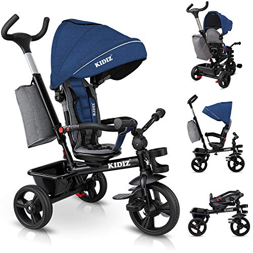 KIDIZ® Tricycle 5-in-1 Children's Tricycle with Push Bar Steering System Bar from 1 Year Forward and Reverse Ride Jogger, Basket Bag Drink Holder Sun Canopy Rubber Wheels, Buggy, Bicycle, Foldable