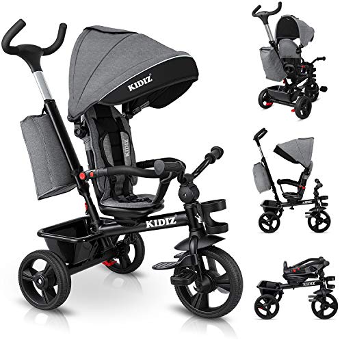 KIDIZ® Tricycle 5-in-1 Children's Tricycle with Push Bar Steering System Bar from 1 Year Forward and Reverse Ride Jogger, Basket Bag Drink Holder Sun Canopy Rubber Wheels, Buggy, Bicycle, Foldable