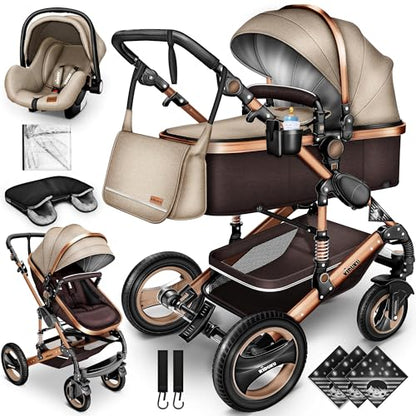 KIDUKU® 3 in 1 Kinderwagen XXL Komplettset | Kombikinderwagen Set inkl. Babywanne Buggy Sportsitz & Auto-Babyschale Fußsack | Vollgummireifen Wickeltasche Handwärmer Regenschutz Kindertisch ECE R129