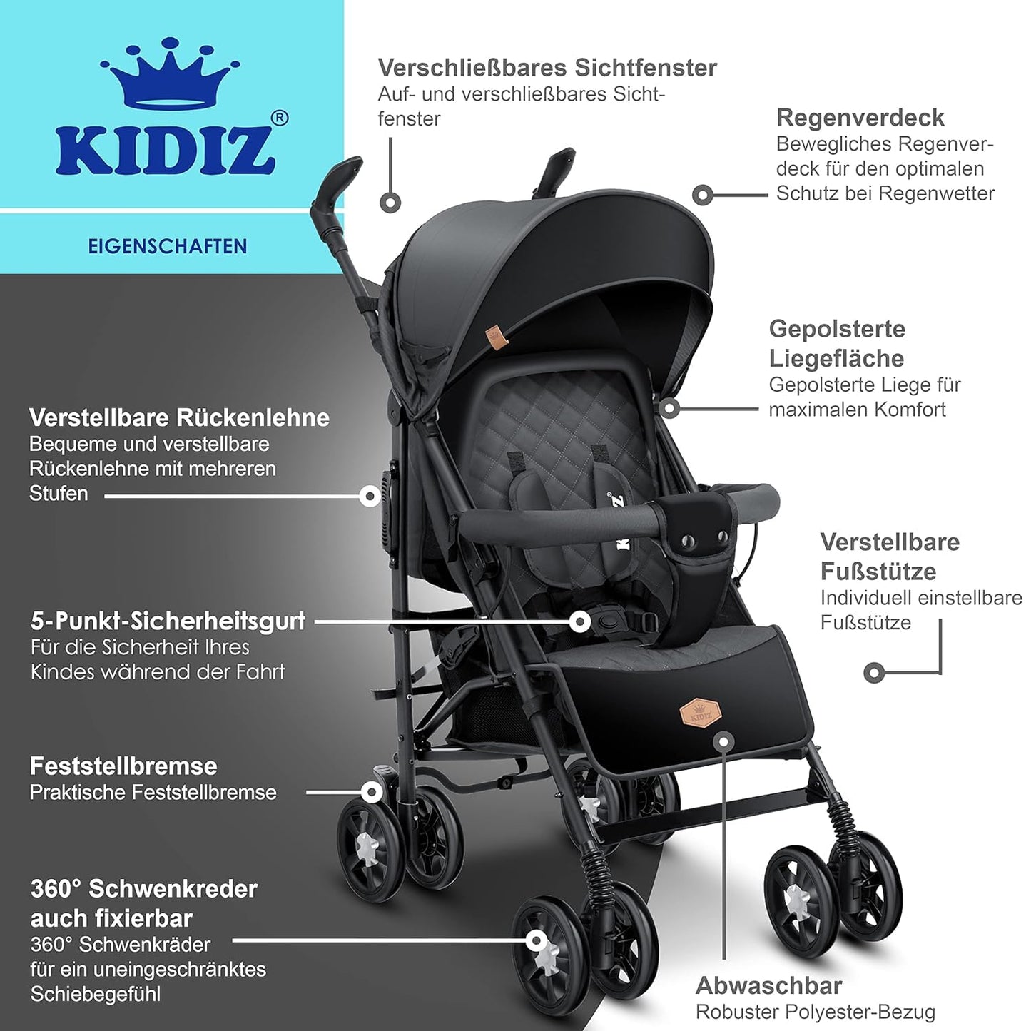 KIDIZ® City-Pro Pushchair Folding Pushchair Pushchair Sports Pushchair Foldable 360° 6 Inch Wheels Includes Mosquito Net, Footmuff and Rain Cover Foldable Sleep Function Anthracite