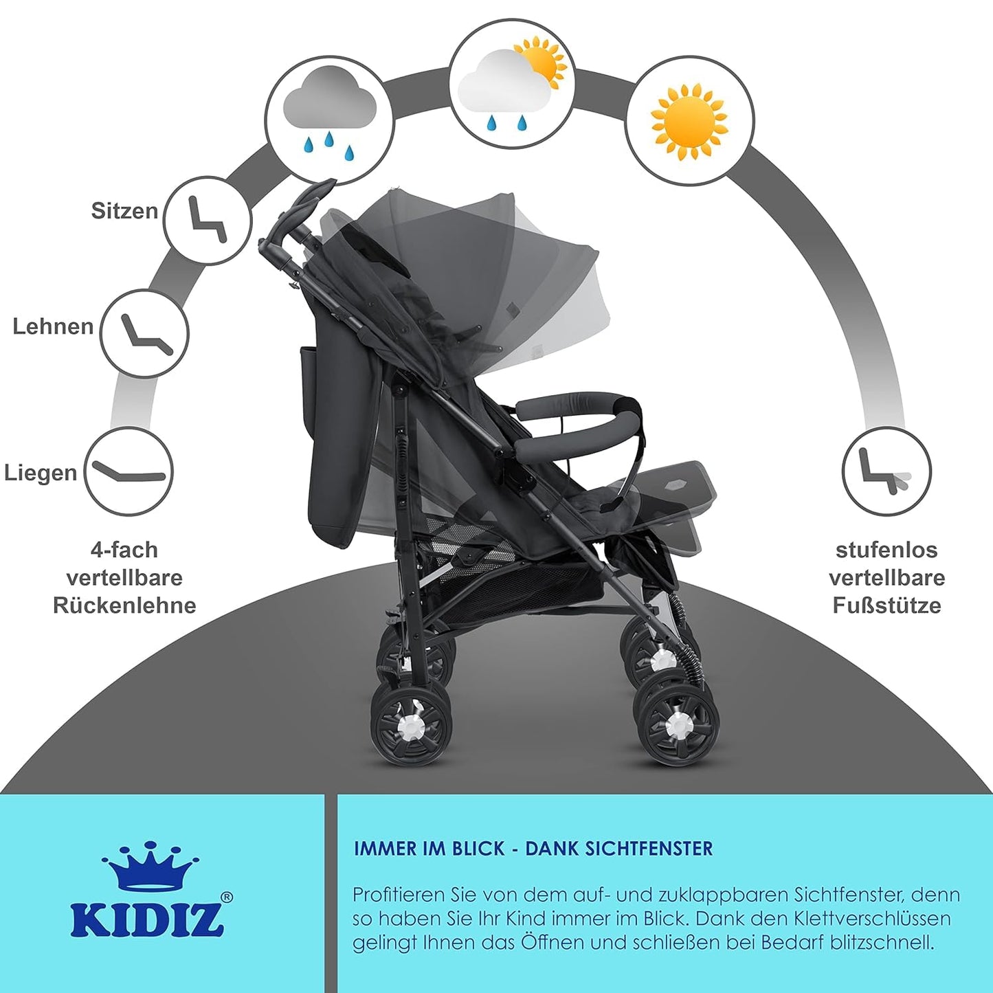 KIDIZ® City-Pro Pushchair Folding Pushchair Pushchair Sports Pushchair Foldable 360° 6 Inch Wheels Includes Mosquito Net, Footmuff and Rain Cover Foldable Sleep Function Anthracite