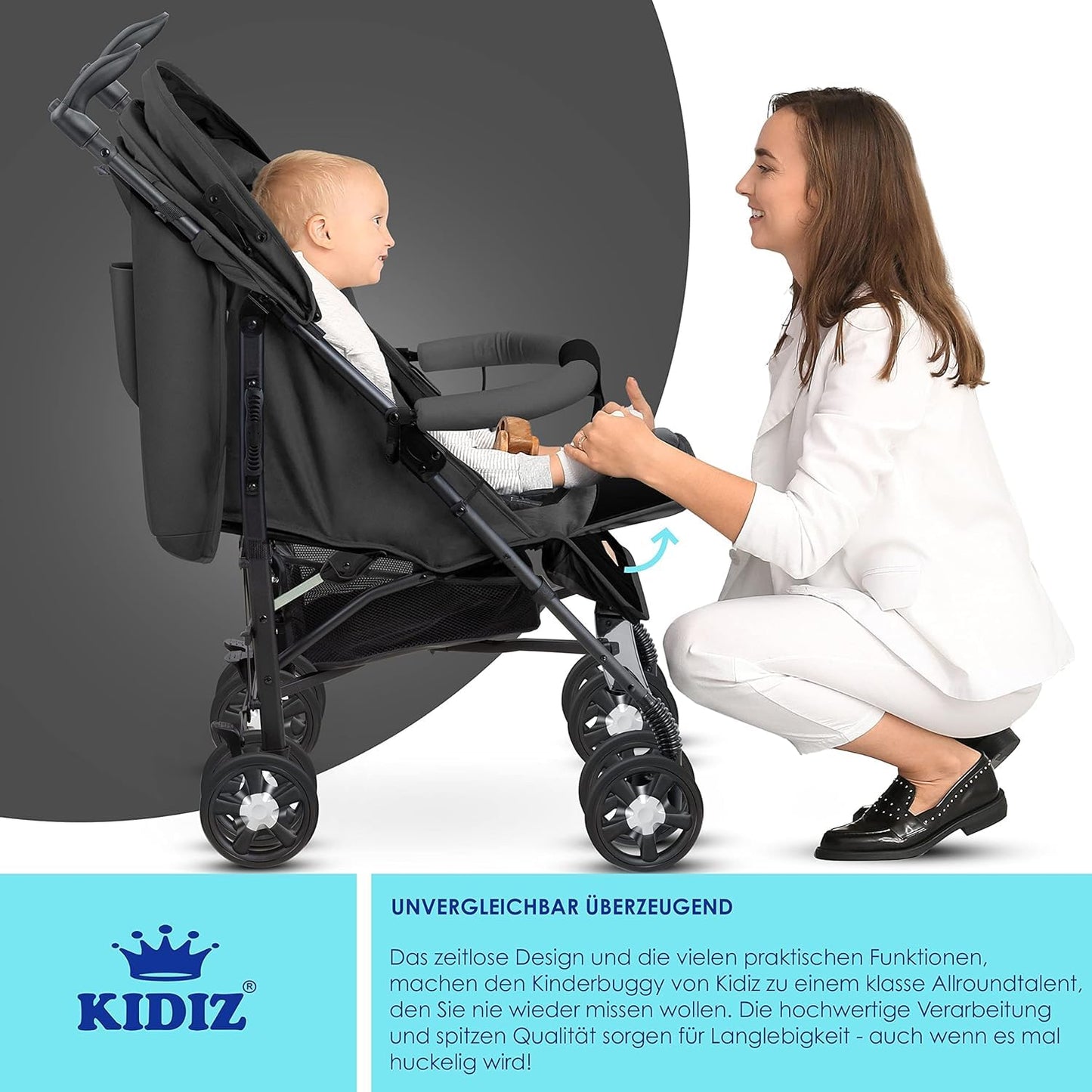 KIDIZ® City-Pro Pushchair Folding Pushchair Pushchair Sports Pushchair Foldable 360° 6 Inch Wheels Includes Mosquito Net, Footmuff and Rain Cover Foldable Sleep Function Anthracite