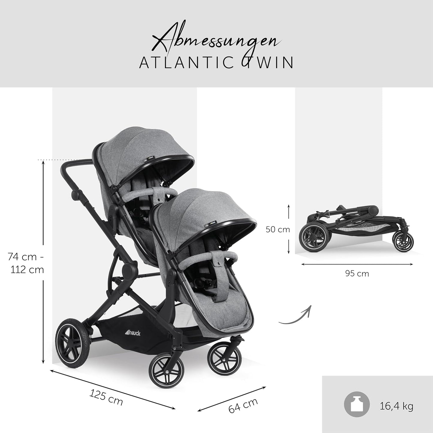 Hauck Zwillingskinderwagen Atlantic Twin (inkl. Babywanne für Neugeborene) - bis 36 kg belastbar - Melange Grey