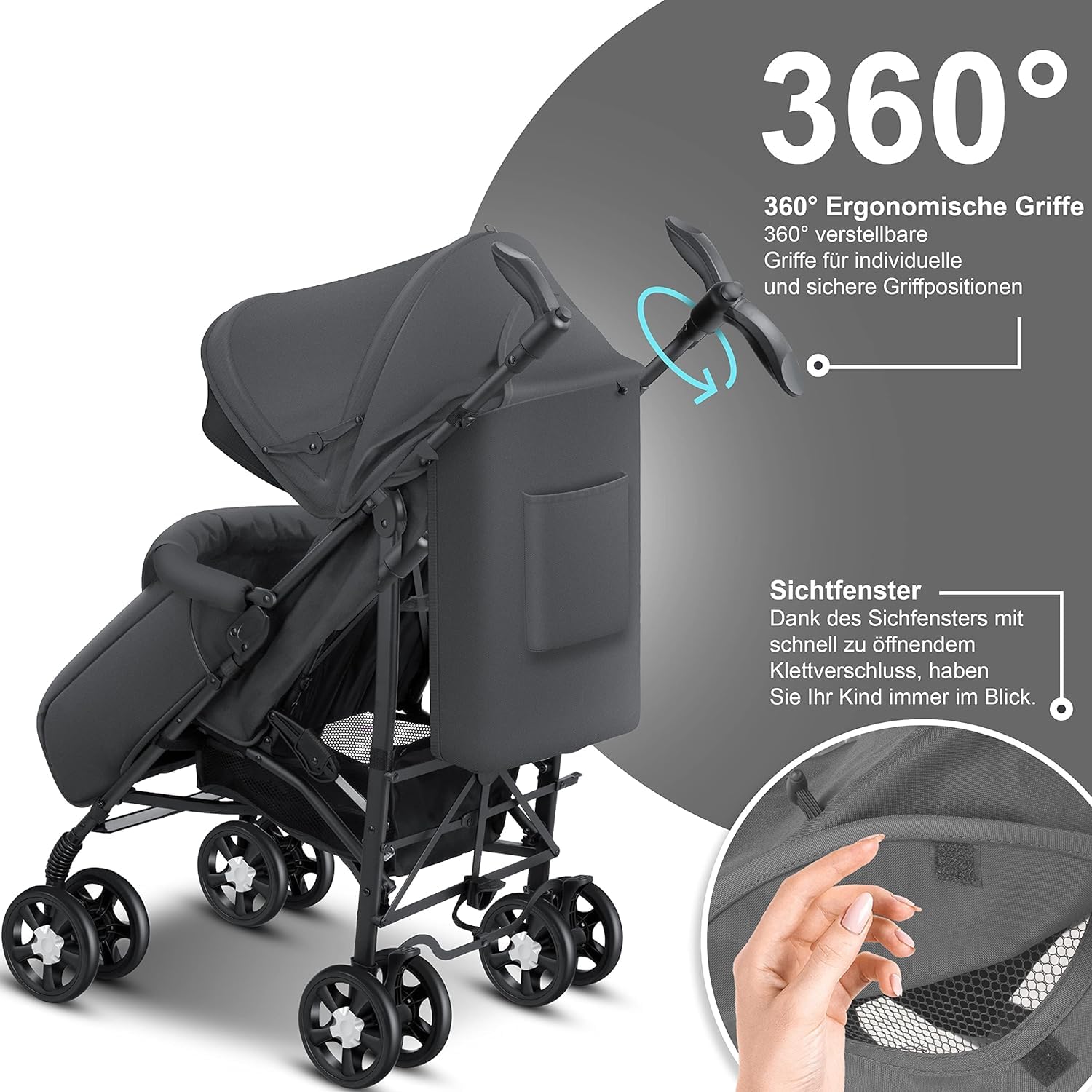 KIDIZ® City-Pro Pushchair Folding Pushchair Pushchair Sports Pushchair Foldable 360° 6 Inch Wheels Includes Mosquito Net, Footmuff and Rain Cover Foldable Sleep Function Anthracite
