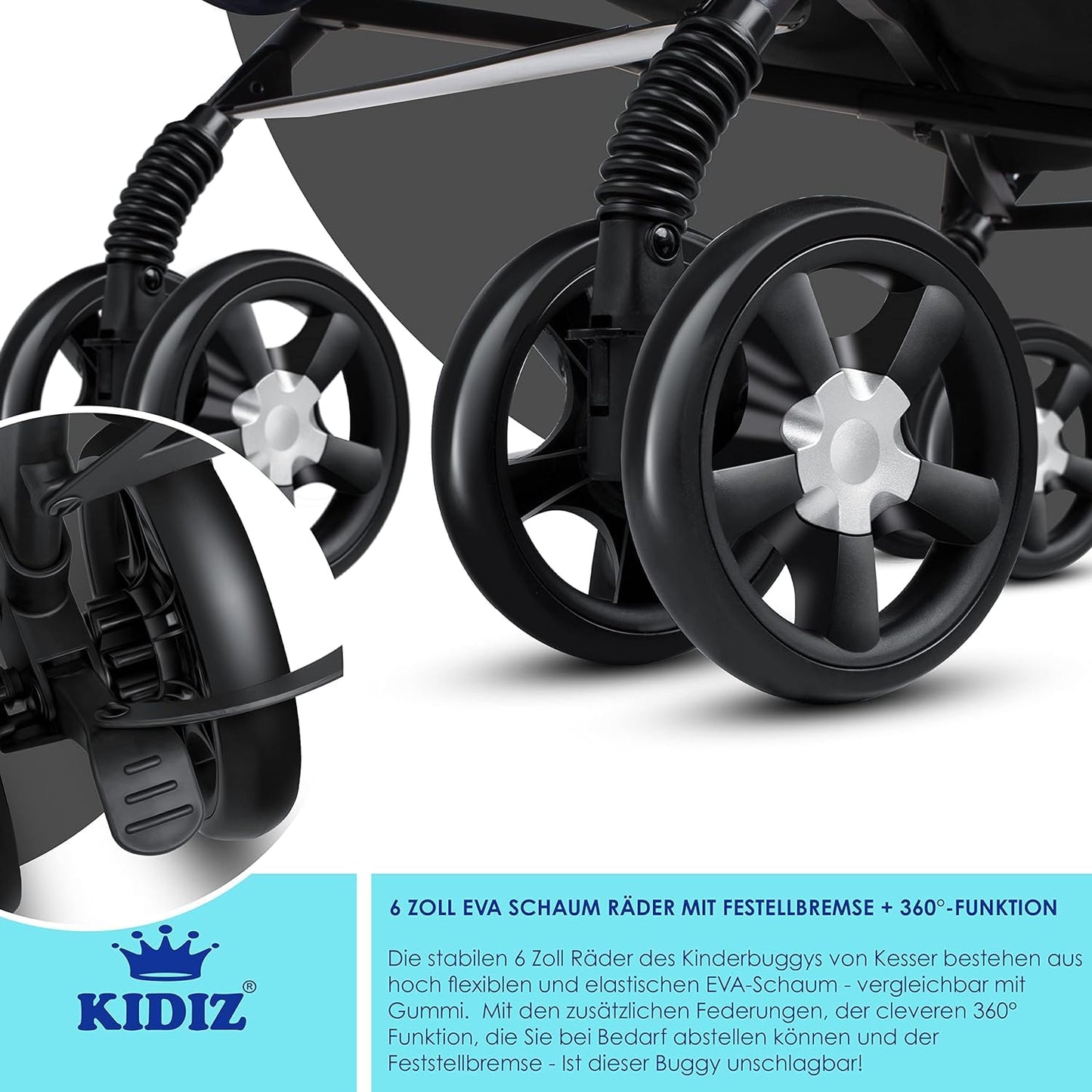 KIDIZ® City-Pro Pushchair Folding Pushchair Pushchair Sports Pushchair Foldable 360° 6 Inch Wheels Includes Mosquito Net, Footmuff and Rain Cover Foldable Sleep Function Anthracite