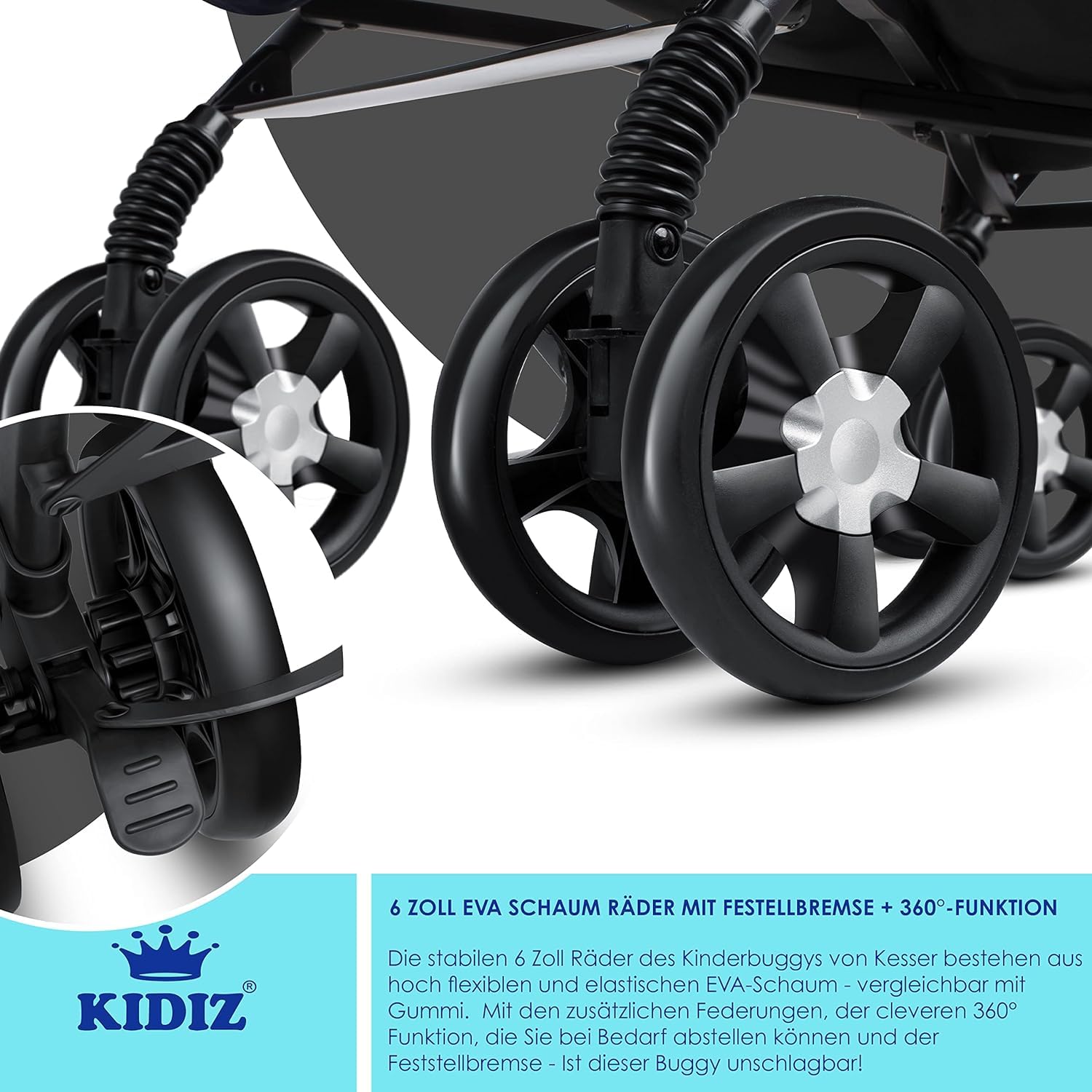 KIDIZ® City-Pro Pushchair Folding Pushchair Pushchair Sports Pushchair Foldable 360° 6 Inch Wheels Includes Mosquito Net, Footmuff and Rain Cover Foldable Sleep Function Anthracite