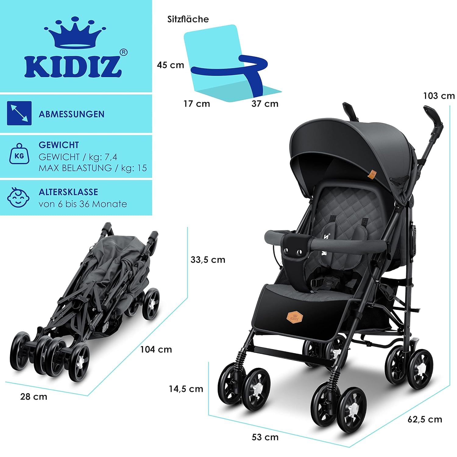 KIDIZ® City-Pro Pushchair Folding Pushchair Pushchair Sports Pushchair Foldable 360° 6 Inch Wheels Includes Mosquito Net, Footmuff and Rain Cover Foldable Sleep Function Anthracite