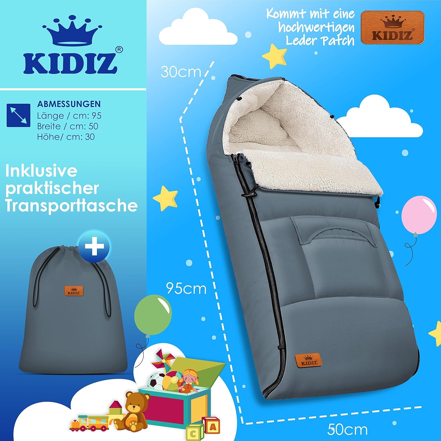 Kidiz® Babyfußsack Baby Fußsack Winterfußsack Babyschale mit Reißverschluss Kuschelsack Babydecke Kinderwagen waschbar verschließbarer Kopfteil,Tasche, passend für alle Kinderwagen, Grau