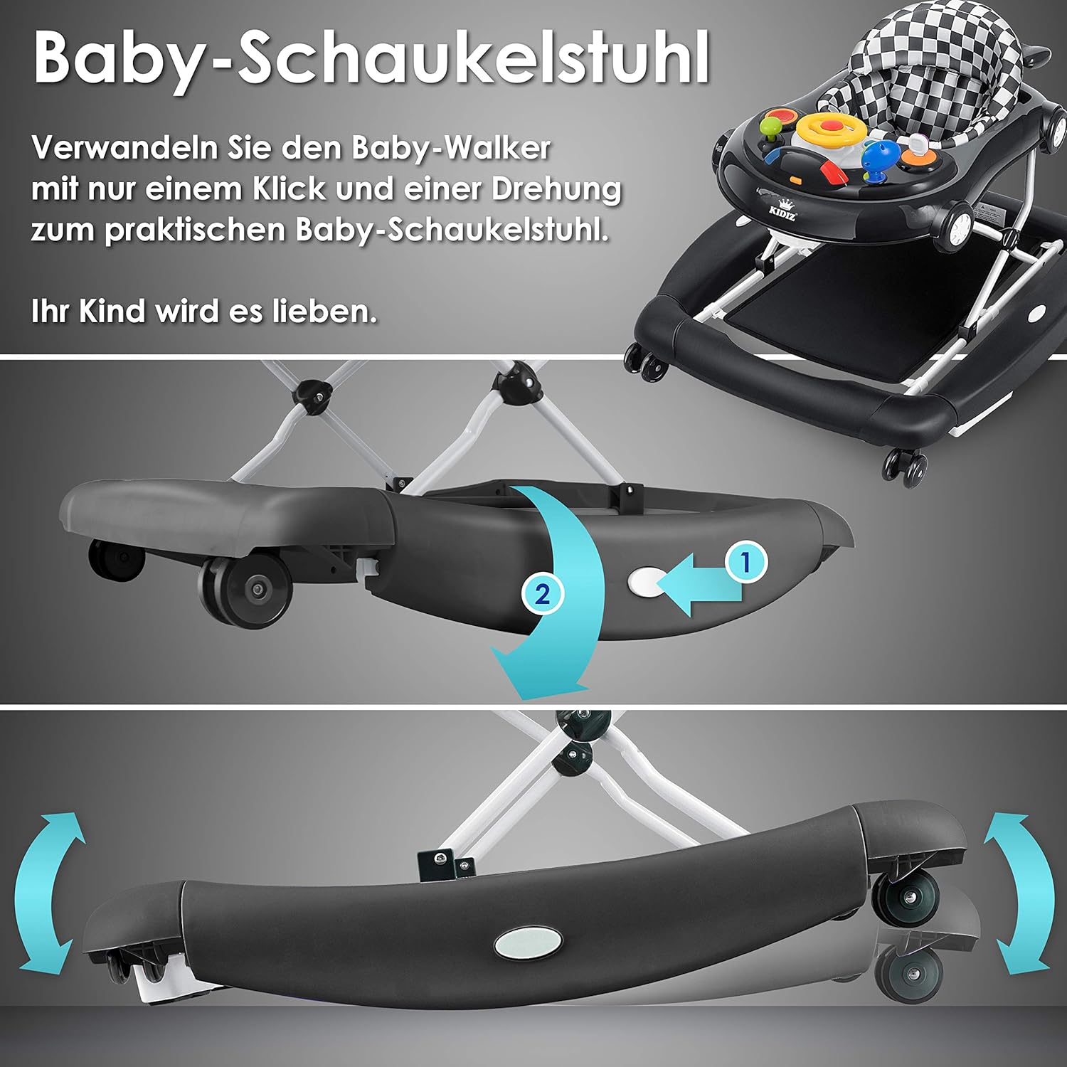 KIDIZ® 4in1 Lauflernhilfe Babywalker Spiel- und Lauflernwagen Gehfrei - Schaukelfunktion Babywippe mit Rollen, Licht, Musik,Spielecenter Esstisch Laufstuhl Laufhilfe babys ab 6 Monaten Klappbar