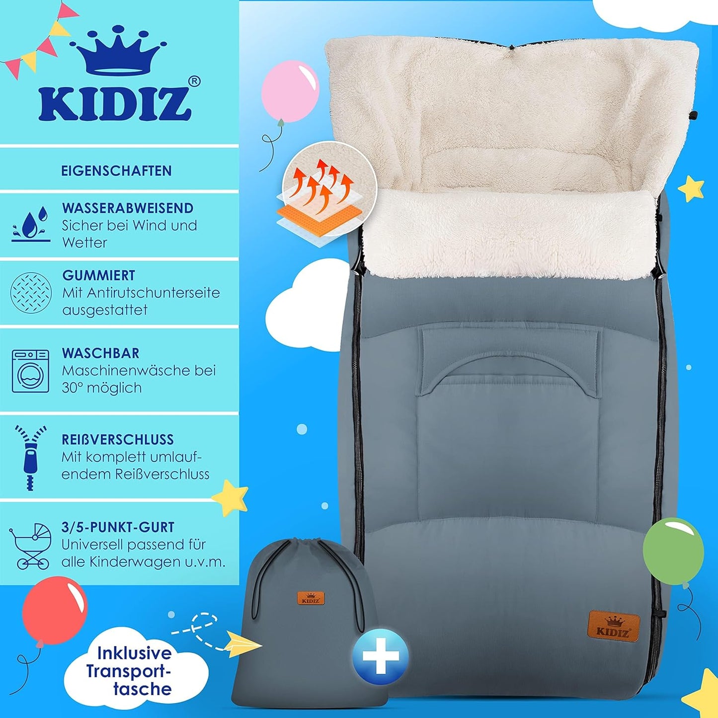 Kidiz® Babyfußsack Baby Fußsack Winterfußsack Babyschale mit Reißverschluss Kuschelsack Babydecke Kinderwagen waschbar verschließbarer Kopfteil,Tasche, passend für alle Kinderwagen, Grau
