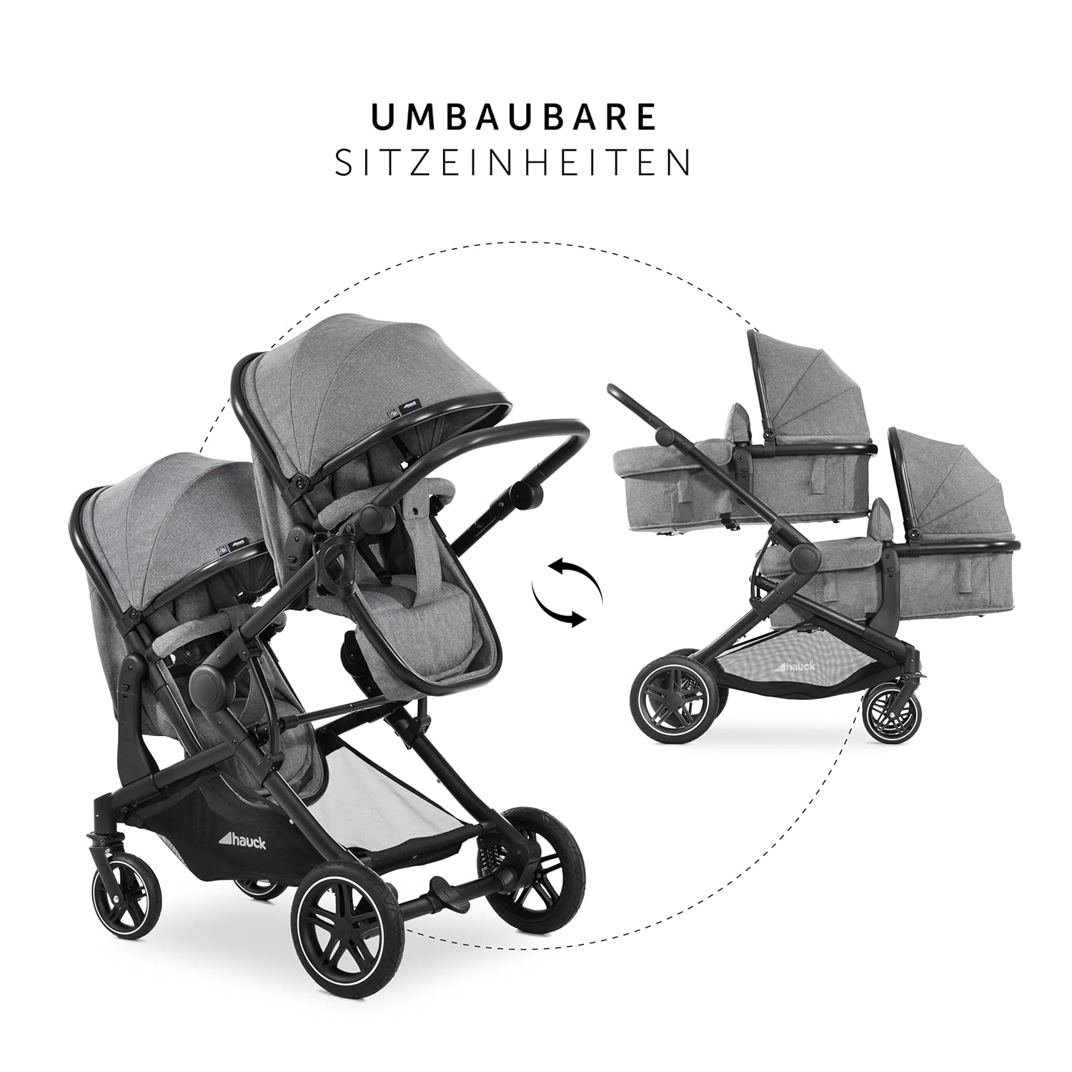 Hauck Zwillingskinderwagen Atlantic Twin (inkl. Babywanne für Neugeborene) - bis 36 kg belastbar - Melange Grey