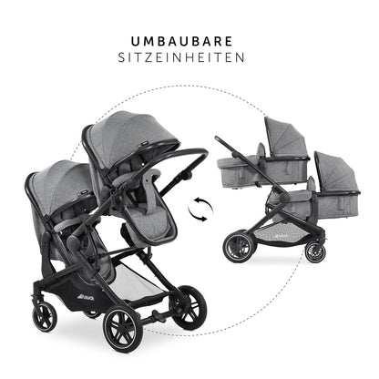 Hauck Zwillingskinderwagen Atlantic Twin (inkl. Babywanne für Neugeborene) - bis 36 kg belastbar - Melange Grey