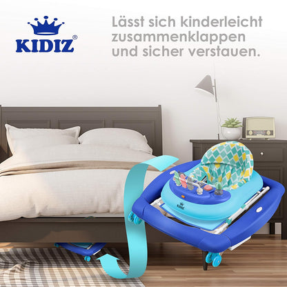 KIDIZ® 4in1 Lauflernhilfe Babywalker Spiel- und Lauflernwagen Gehfrei Schaukelfunktion Babywippe mit Rollen, Licht, Musik,Spielecenter Esstisch Laufstuhl Laufhilfe babys ab 6 Monaten Klappbar Blau