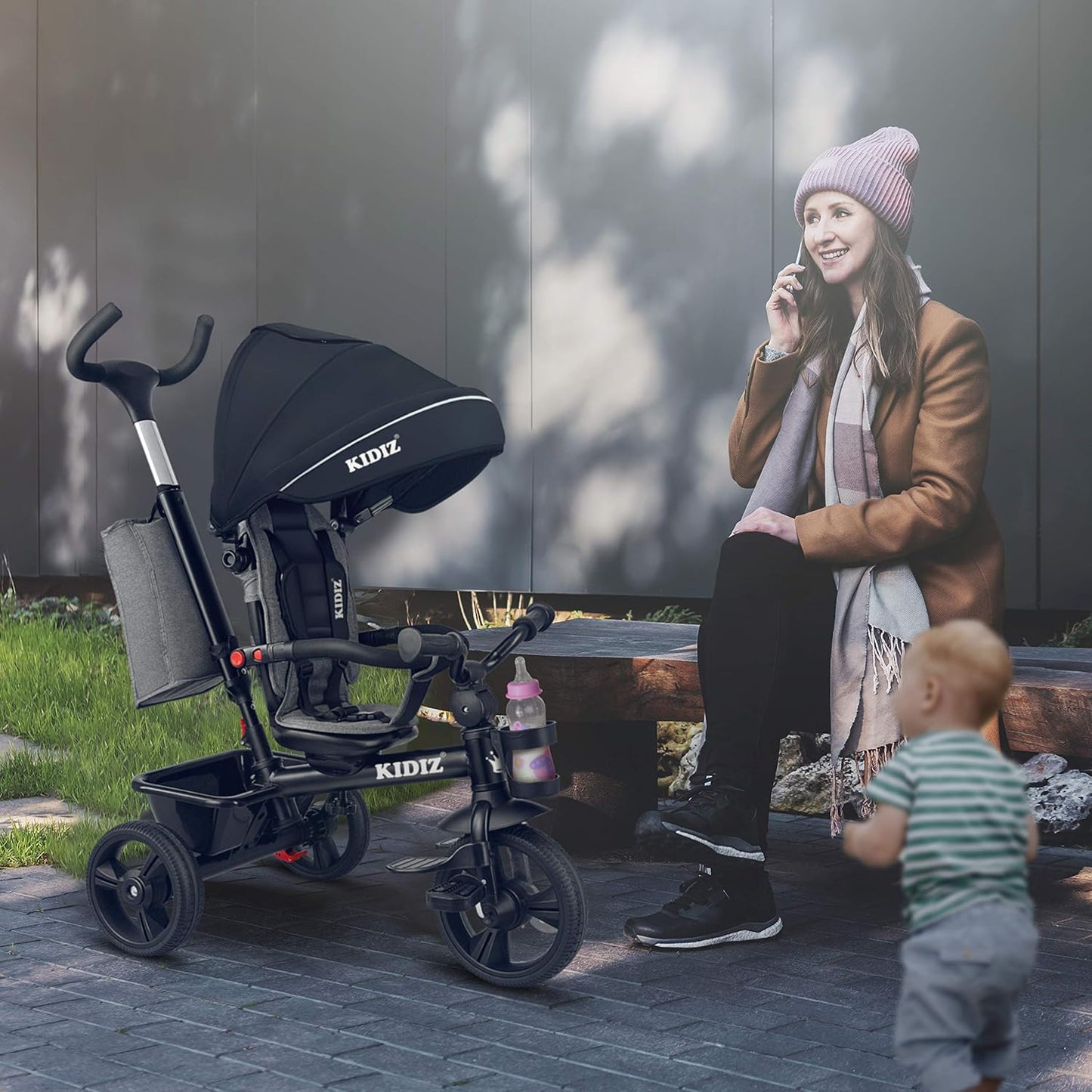 KIDIZ® Tricycle 5-in-1 Children's Tricycle with Push Bar Steering System Bar from 1 Year Forward and Reverse Ride Jogger, Basket Bag Drink Holder Sun Canopy Rubber Wheels, Buggy, Bicycle, Foldable