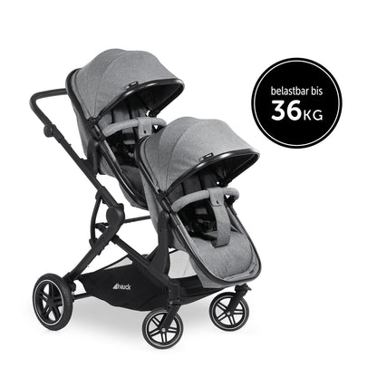 Hauck Zwillingskinderwagen Atlantic Twin (inkl. Babywanne für Neugeborene) - bis 36 kg belastbar - Melange Grey