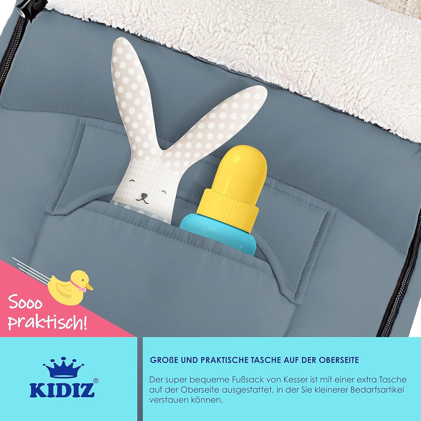 Kidiz® Babyfußsack Baby Fußsack Winterfußsack Babyschale mit Reißverschluss Kuschelsack Babydecke Kinderwagen waschbar verschließbarer Kopfteil,Tasche, passend für alle Kinderwagen, Grau
