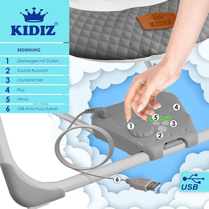 KIDIZ® Babywippe Babyschaukel mit 5 Geschwindigkeitseinstellungen zusammenklappbarer Baby Wippe Schaukel Babyhochstuhl mit Spielbogen Spielzeugen 5 beruhigende Naturgeräusche Anthrazit
