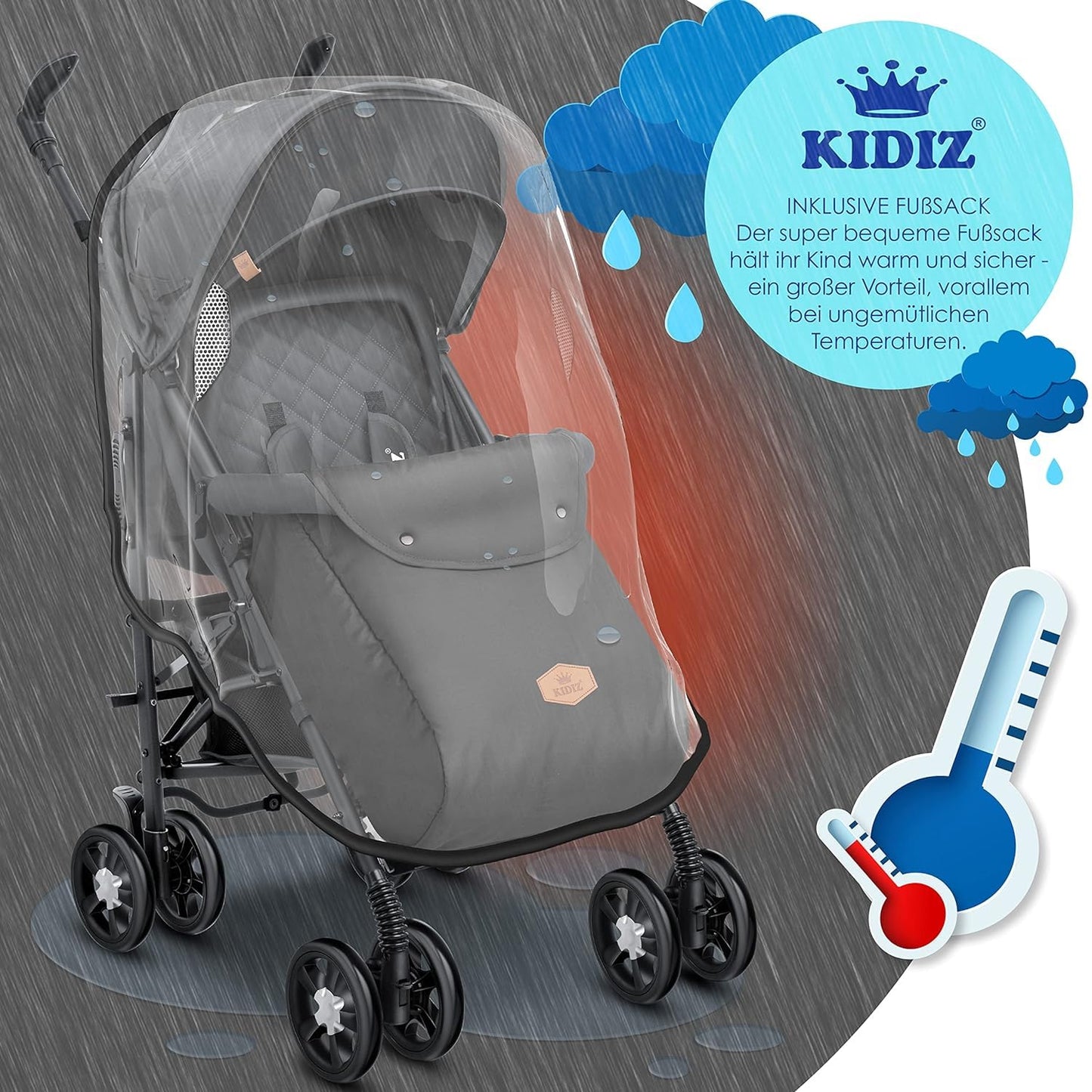 KIDIZ® City-Pro Pushchair Folding Pushchair Pushchair Sports Pushchair Foldable 360° 6 Inch Wheels Includes Mosquito Net, Footmuff and Rain Cover Foldable Sleep Function Anthracite
