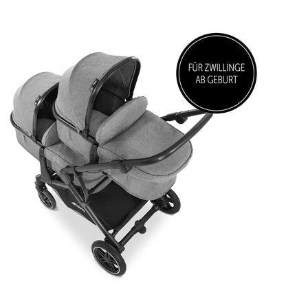 Hauck Zwillingskinderwagen Atlantic Twin (inkl. Babywanne für Neugeborene) - bis 36 kg belastbar - Melange Grey