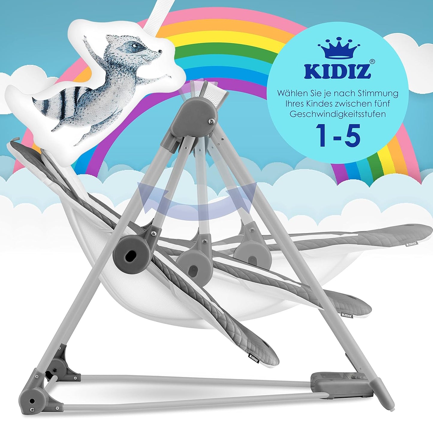 KIDIZ® Babywippe Babyschaukel mit 5 Geschwindigkeitseinstellungen zusammenklappbarer Baby Wippe Schaukel Babyhochstuhl mit Spielbogen Spielzeugen 5 beruhigende Naturgeräusche Anthrazit