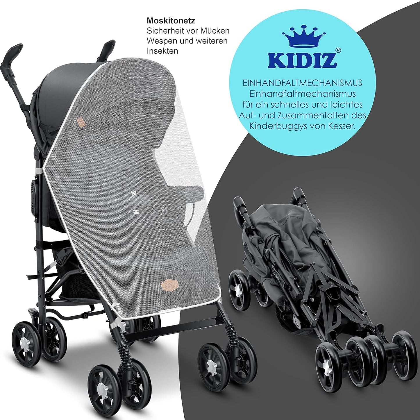 KIDIZ® City-Pro Pushchair Folding Pushchair Pushchair Sports Pushchair Foldable 360° 6 Inch Wheels Includes Mosquito Net, Footmuff and Rain Cover Foldable Sleep Function Anthracite
