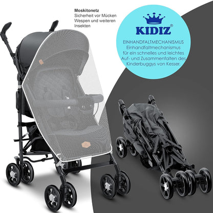 KIDIZ® City-Pro Pushchair Folding Pushchair Pushchair Sports Pushchair Foldable 360° 6 Inch Wheels Includes Mosquito Net, Footmuff and Rain Cover Foldable Sleep Function Anthracite