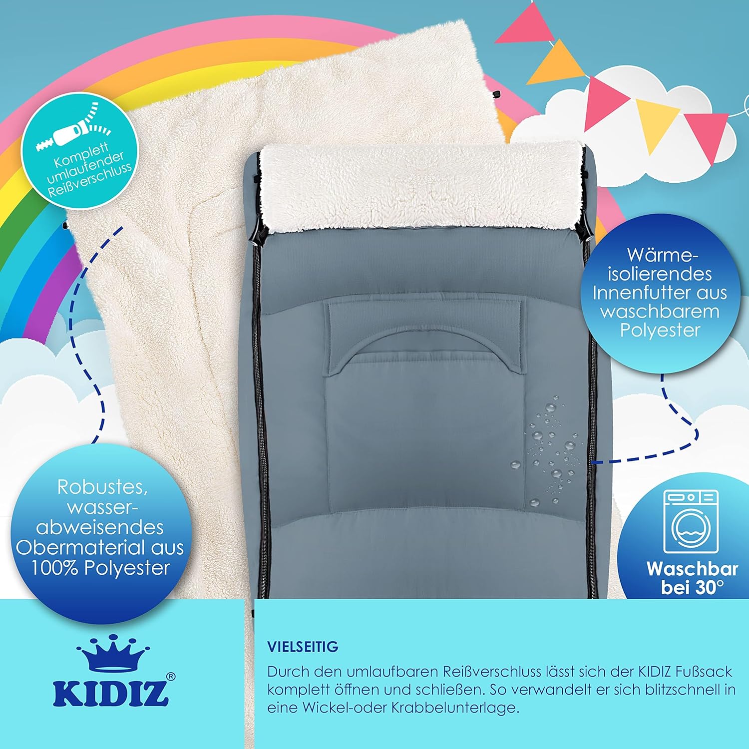Kidiz® Babyfußsack Baby Fußsack Winterfußsack Babyschale mit Reißverschluss Kuschelsack Babydecke Kinderwagen waschbar verschließbarer Kopfteil,Tasche, passend für alle Kinderwagen, Grau