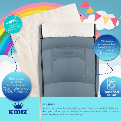 Kidiz® Babyfußsack Baby Fußsack Winterfußsack Babyschale mit Reißverschluss Kuschelsack Babydecke Kinderwagen waschbar verschließbarer Kopfteil,Tasche, passend für alle Kinderwagen, Grau