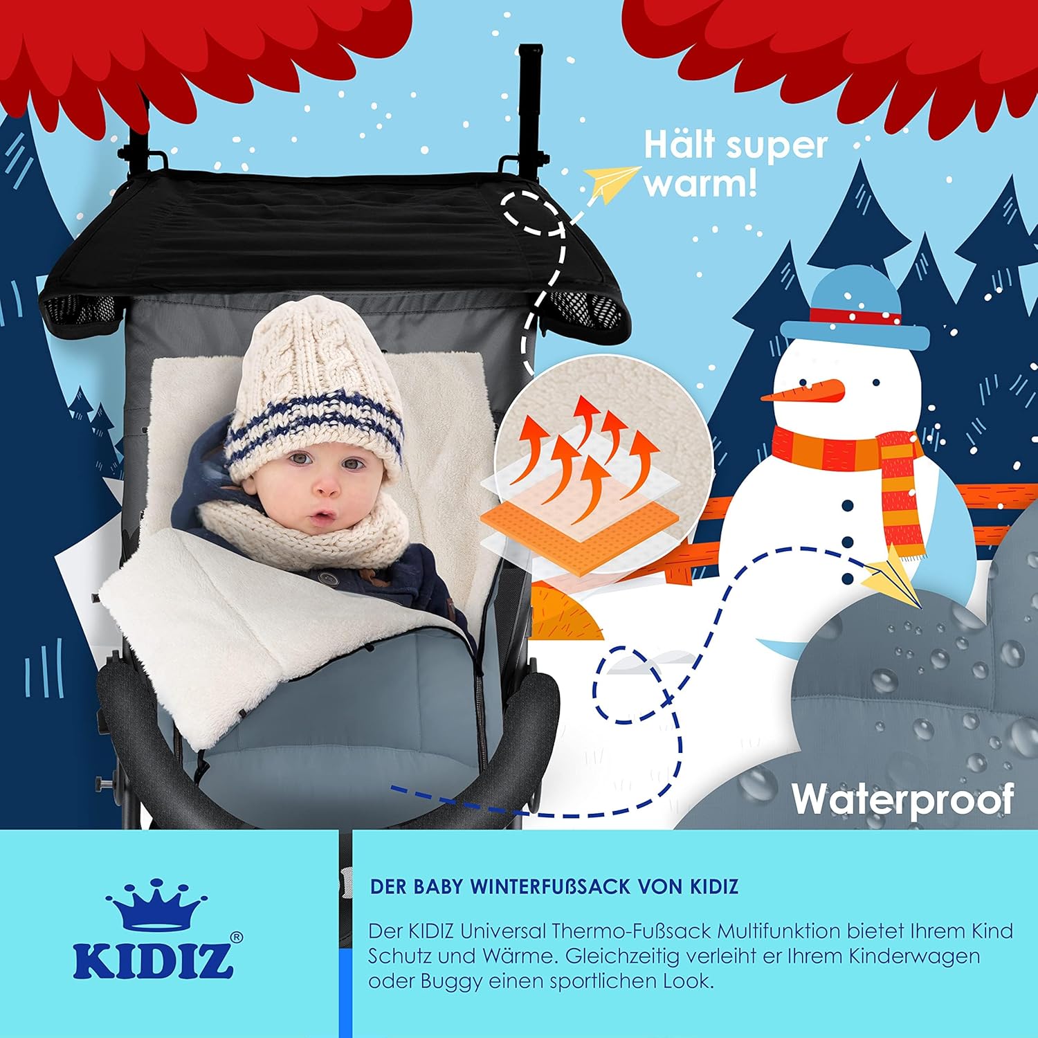 Kidiz® Babyfußsack Baby Fußsack Winterfußsack Babyschale mit Reißverschluss Kuschelsack Babydecke Kinderwagen waschbar verschließbarer Kopfteil,Tasche, passend für alle Kinderwagen, Grau