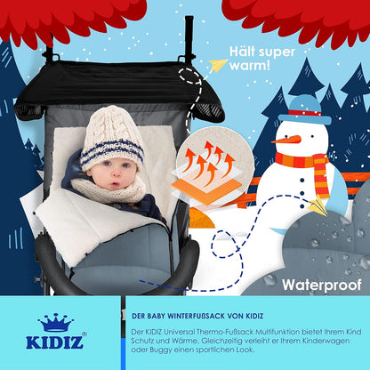 Kidiz® Babyfußsack Baby Fußsack Winterfußsack Babyschale mit Reißverschluss Kuschelsack Babydecke Kinderwagen waschbar verschließbarer Kopfteil,Tasche, passend für alle Kinderwagen, Grau